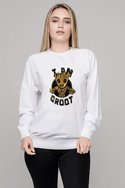QIVI I Am Groot Sarmaşık Printed White Women's Knitted Sweatshirt Long Sleeve