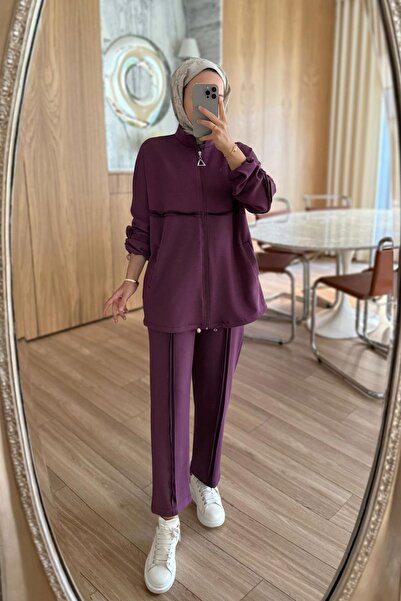 Ka Hijab Double Modal Suit with Stitch Detail - Plum