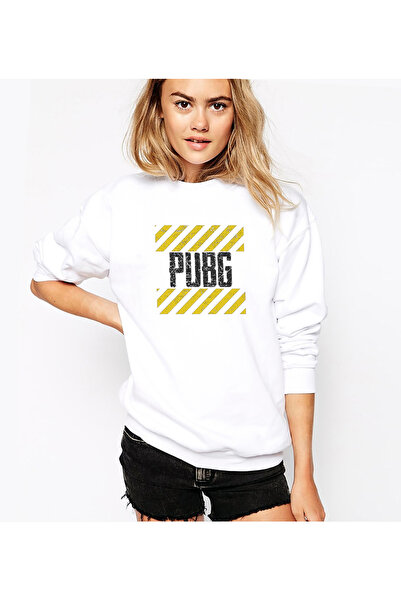 QIVI Pubg Printed White Women's Knitted Sweatshirt Long Sleeve