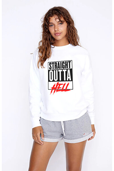 QIVI سويت شيرت نسائي أبيض محبوك بأكمام طويلة من Lucifer Straight Outta Hell م...