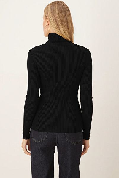 armonika Women's Black Turtleneck Sleeve Stripe Soft Textured Blouse Arm-26K001043