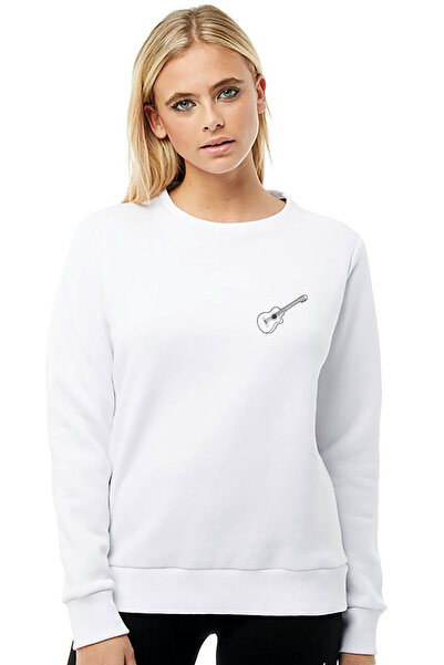 QIVI سترة جيتار ميوزيك روك مطبوع للسيدات باللون الأبيض محبوكة بأكمام طويلة