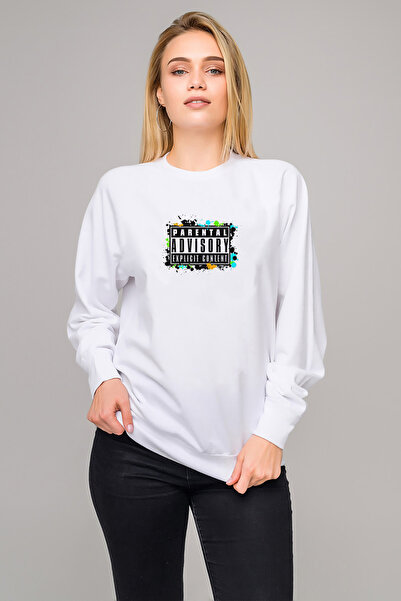 QIVI سترة نسائية محبوكة باللون الأبيض بأكمام طويلة من Parental Advisory مطبوع