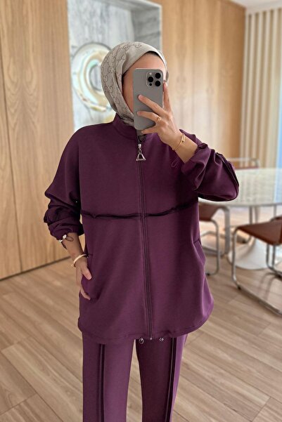 Ka Hijab Double Modal Suit with Stitch Detail - Plum
