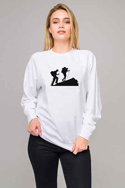 QIVI سويت شيرت سيلويت هايكنغ مطبوع للسيدات باللون الأبيض بأكمام طويلة