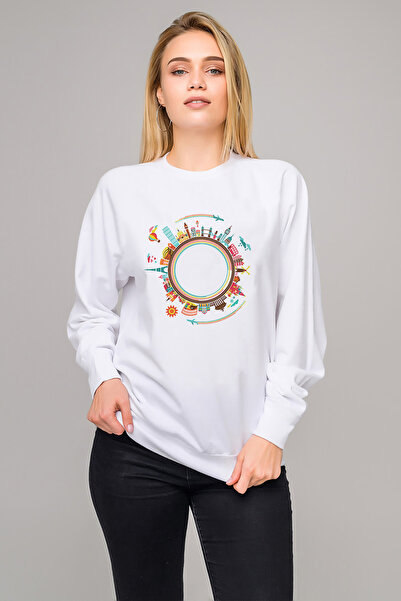 QIVI سويت شيرت سيلويت ترافيل جلوبالايزيشن مطبوع للسيدات باللون الأبيض بأكمام ...