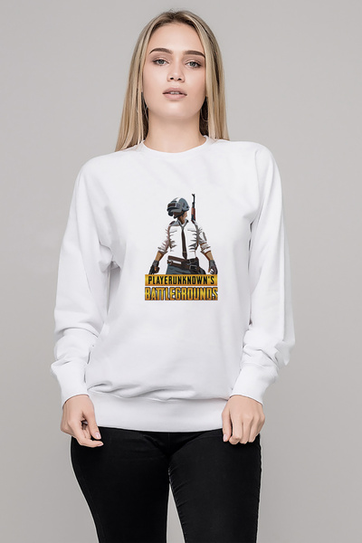QIVI Pubg Printed White Women's Knitted Sweatshirt Long Sleeve