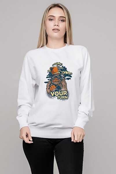 QIVI Your Turn Printed White Women's Knitted Sweatshirt Long Sleeve