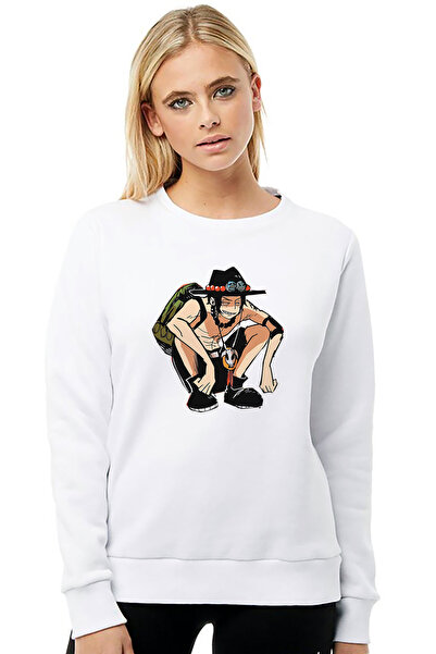 QIVI سويت شيرت أنمي ون بيس روجر مطبوع للسيدات باللون الأبيض بأكمام طويلة