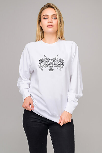 QIVI سويت شيرت معدني روك ميوزيك بوجي مطبوع للنساء باللون الأبيض محبوك بأكمام ...