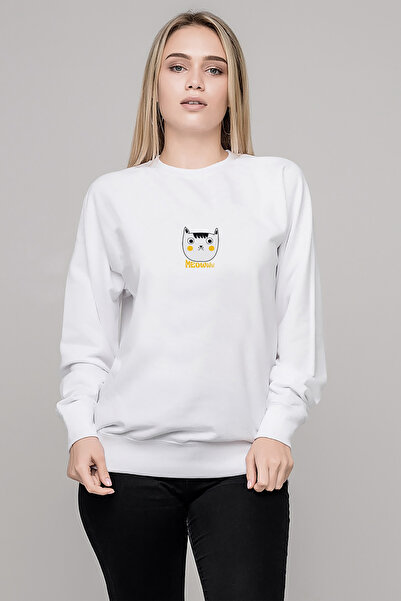 QIVI Meoww Kedicik Printed White Women's Knitted Sweatshirt Long Sleeve