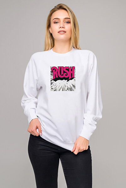 QIVI Rush Logo Jpeg مطبوع سترة نسائية محبوكة باللون الأبيض بأكمام طويلة