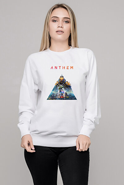 QIVI Anthem Logo Printed White Women's Knitted Sweatshirt Long Sleeve