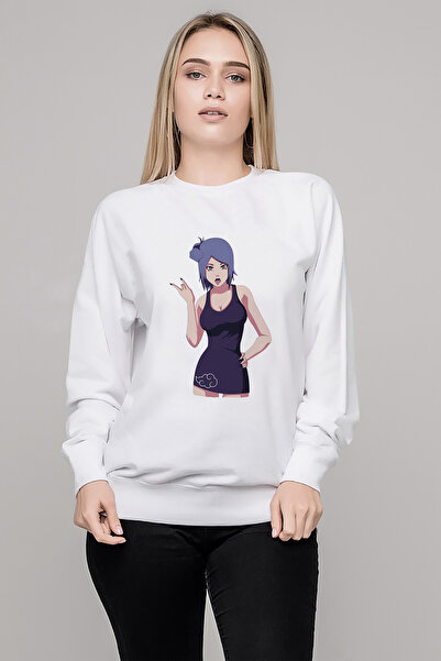 QIVI سويت شيرت أنمي طوكيو غول أنتييكو مطبوع للنساء باللون الأبيض بأكمام طويلة
