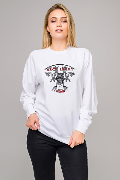 QIVI Arch Enemy Rise of Tyrant Printed White Women's Knitted Sweatshirt Long ...