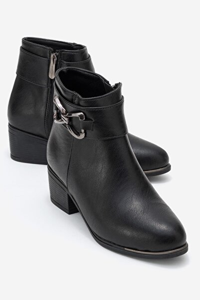 CCWAY AYAKKABI Kadın Çift Üçgen Tokalı Topuklu Bot SİYAH CİLT