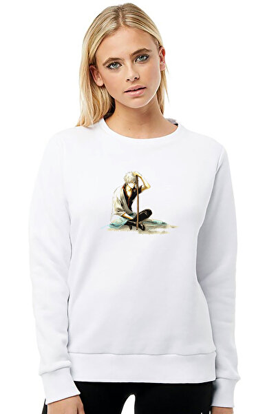 QIVI سويت شيرت أنمي جينتاما جينتوكي مطبوع أبيض محبوك للنساء بأكمام طويلة