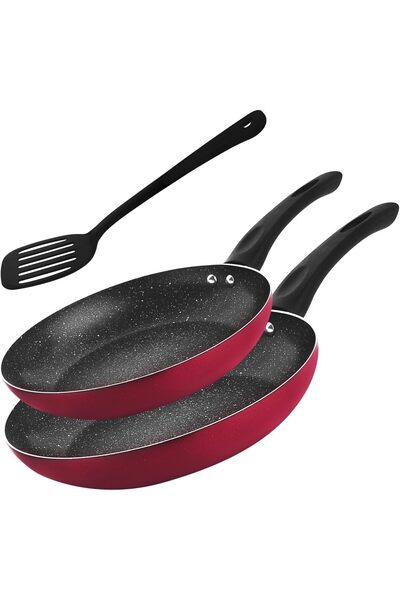 RAJ Non-Stick Cookware Set 22cm & 26cm with Aluminum Stirring Spoon, Red, 3 Pieces