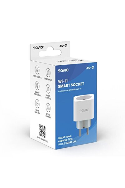 Savio AS-01 Smart Plug, Wi-Fi, Energy Monitoring, Voice Control, White
