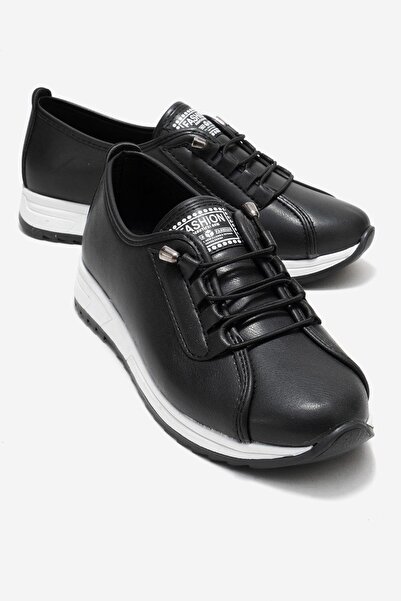 CCWAY AYAKKABI Soft Sole Rubber Laced Women's Shoes Black Skin