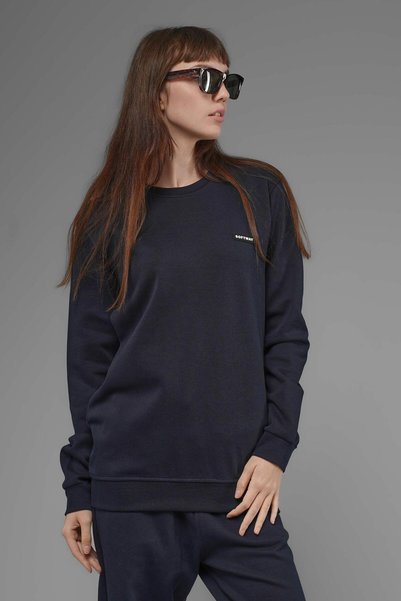 SOFTWAY Unisex Regular Fit Crew Neck Textured Interlock Pique Sweatshirt - Navy Blue