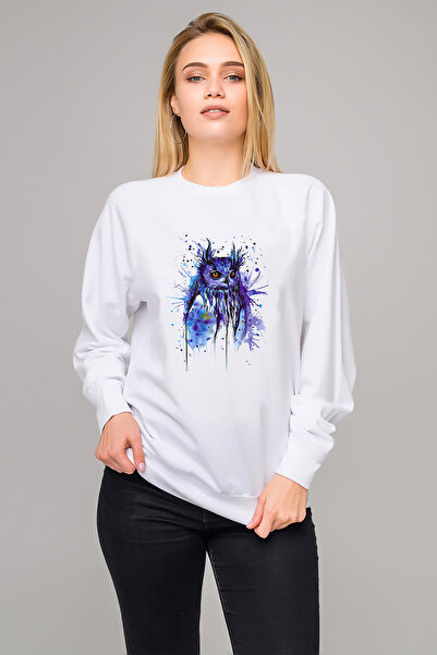 QIVI Owl Blue Cat Watercolor Printed White Women's Knitted Sweatshirt Long Sl...