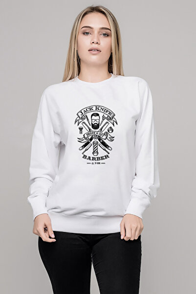 QIVI سترة جاك نايف باربر شوب ديزاين أوسكار مطبوع للسيدات باللون الأبيض بأكمام طويلة