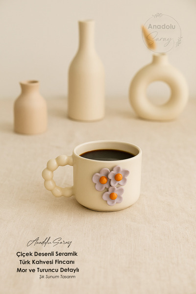 Anadolu Saray Handmade Floral Patterned Ceramic Turkish Coffee Cup – Purple and Orange Detailed