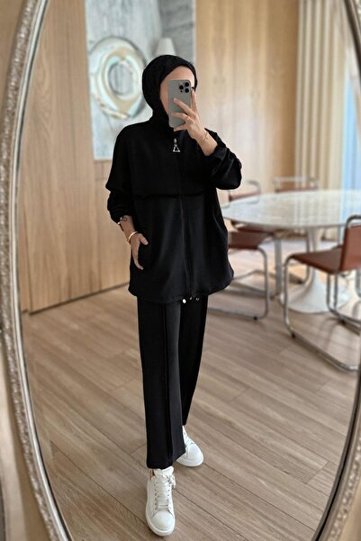 Ka Hijab Double Modal Suit with Stitch Detail - Black