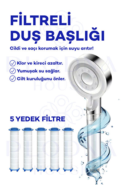 Plodna House Filtreli Duş Başlığı ve 5 Yedek Filtre | Su Arıtmalı, Klor ve Kireç Önleyici, Yüksek Basınçlı