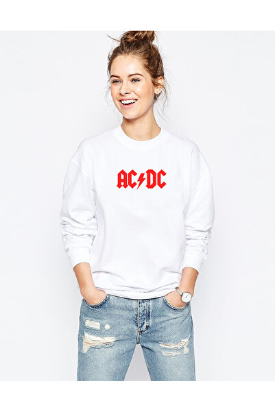 QIVI Acdc Logo Red Printed White Women's Knitted Sweatshirt Long Sleeve