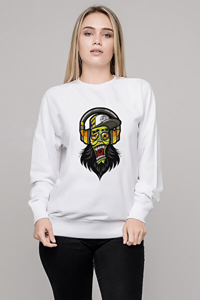 QIVI سترة DJ Zombie Skull مطبوع النسائية البيضاء المحبوكة بأكمام طويلة