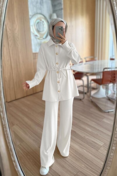 Ka Hijab Corded Fabric Sets with Gold Button Detail - White