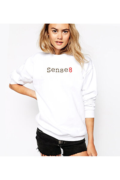 QIVI سترة Sense8 مطبوع النسائية المحبوكة باللون الأبيض بأكمام طويلة