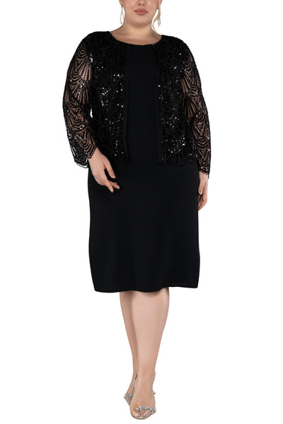 Arden Plus Size Short Evening Dress | Sequined Jacket Look Long Sleeve Black, Navy Blue Mother Evening Dress | Size 46-56