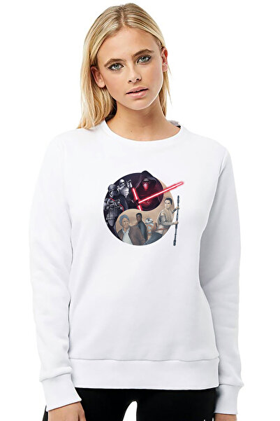 QIVI Dark Side Ying Yang Printed White Women's Knitted Sweatshirt Long Sleeve