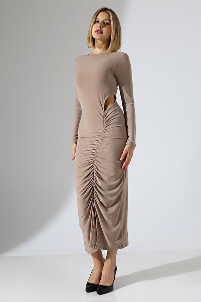Planet Prestige Μπεζ/χρώμα του δέρματος Μίντι φόρεμα με μακρυμάνικο μανίκι με ανοιχτό πλάι, ελαστικό ύφασμα, βραδινό φόρεμα