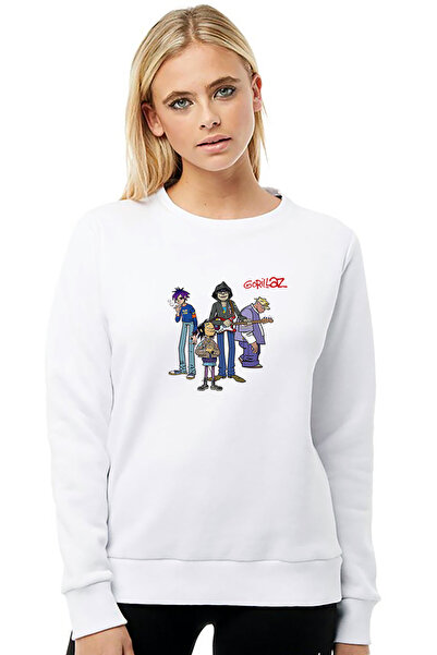 QIVI Gorillaz Jpeg Printed White Women's Knitted Sweatshirt Long Sleeve