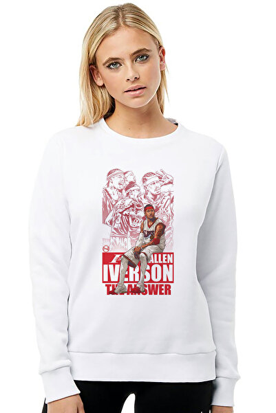 QIVI سويت شيرت ألين ايفرسون مطبوع نسائي أبيض محبوك بأكمام طويلة