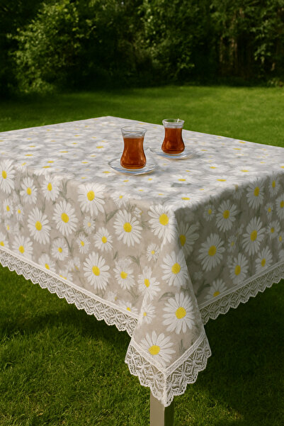 Rona Home Luxurious Gray Daisy Pattern Tablecloth with Lace Detail, Stylish and Elegant Design, Wipeable and Stain-Resistant