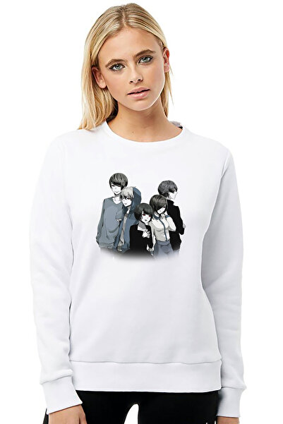 QIVI سويت شيرت أنمي طوكيو غول أنتييكو مطبوع للنساء باللون الأبيض بأكمام طويلة