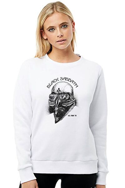QIVI Black Sabbath Metal Printed White Women's Knitted Sweatshirt Long Sleeve