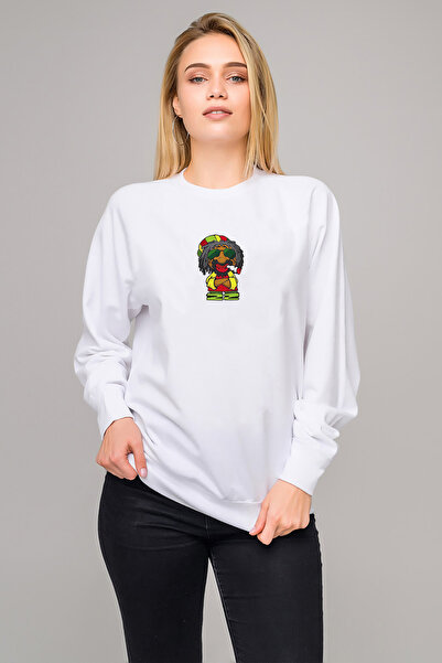 QIVI REGGAEMAN مطبوع سترة نسائية محبوكة باللون الأبيض بأكمام طويلة