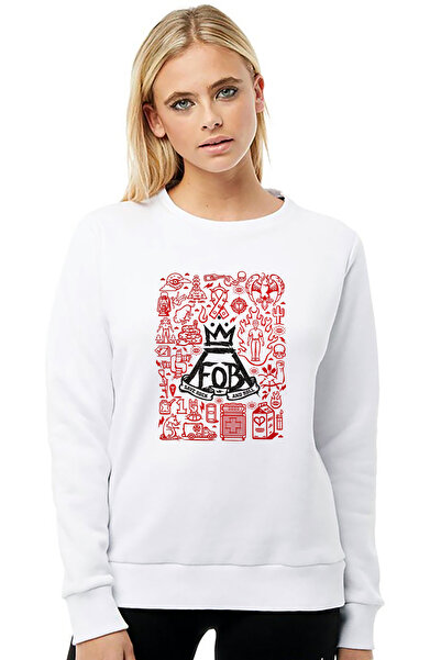 QIVI Fob Out Boy Logo Save Rock مطبوع سترة نسائية بيضاء محبوكة بأكمام طويلة