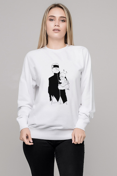 QIVI سويت شيرت أنمي ناروتو مطبوع للسيدات باللون الأبيض بأكمام طويلة