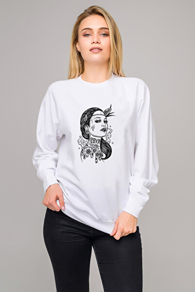 QIVI Gamblıng Girl Printed White Women's Knitted Sweatshirt Long Sleeve