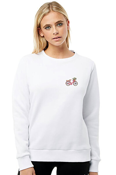 QIVI Bicycle Rose Pink Bicycle with Basket Chest Printed White Women's Knitte...