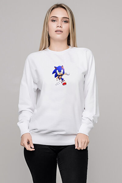 QIVI Süper Sonic Metal Rock Music Müzik Baskılı Beyaz Kadın Örme Sweatshirt Uzun kol