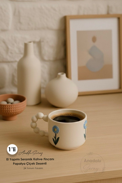 Anadolu Saray Handmade Ceramic Coffee Cup with Daisy Flower Pattern, Modern and Stylish Design