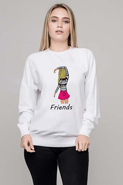 QIVI سترة Friends Kalı Girlfriends مطبوع للسيدات باللون الأبيض محبوكة بأكمام ...